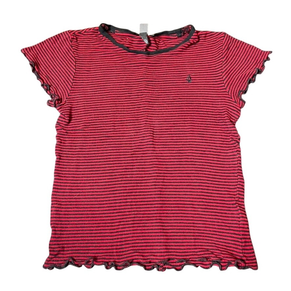 Volcom Red Black Striped Lettuce Trim T Shirt Women‎ Small Ribbed Short Sleeve